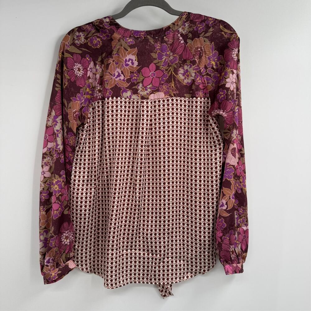 Mystree Button Up Shirt Womens S Merlot Burgundy Tie Front Mixed Floral Boho - Picture 6 of 13